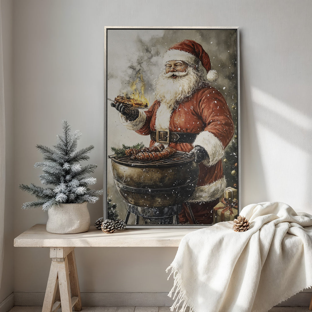 Framed Wall Art: Santa grilling on a Canvas Print. Festive art in a watercolor style with red, white, and neutral tones. Perfect Christmas decor!