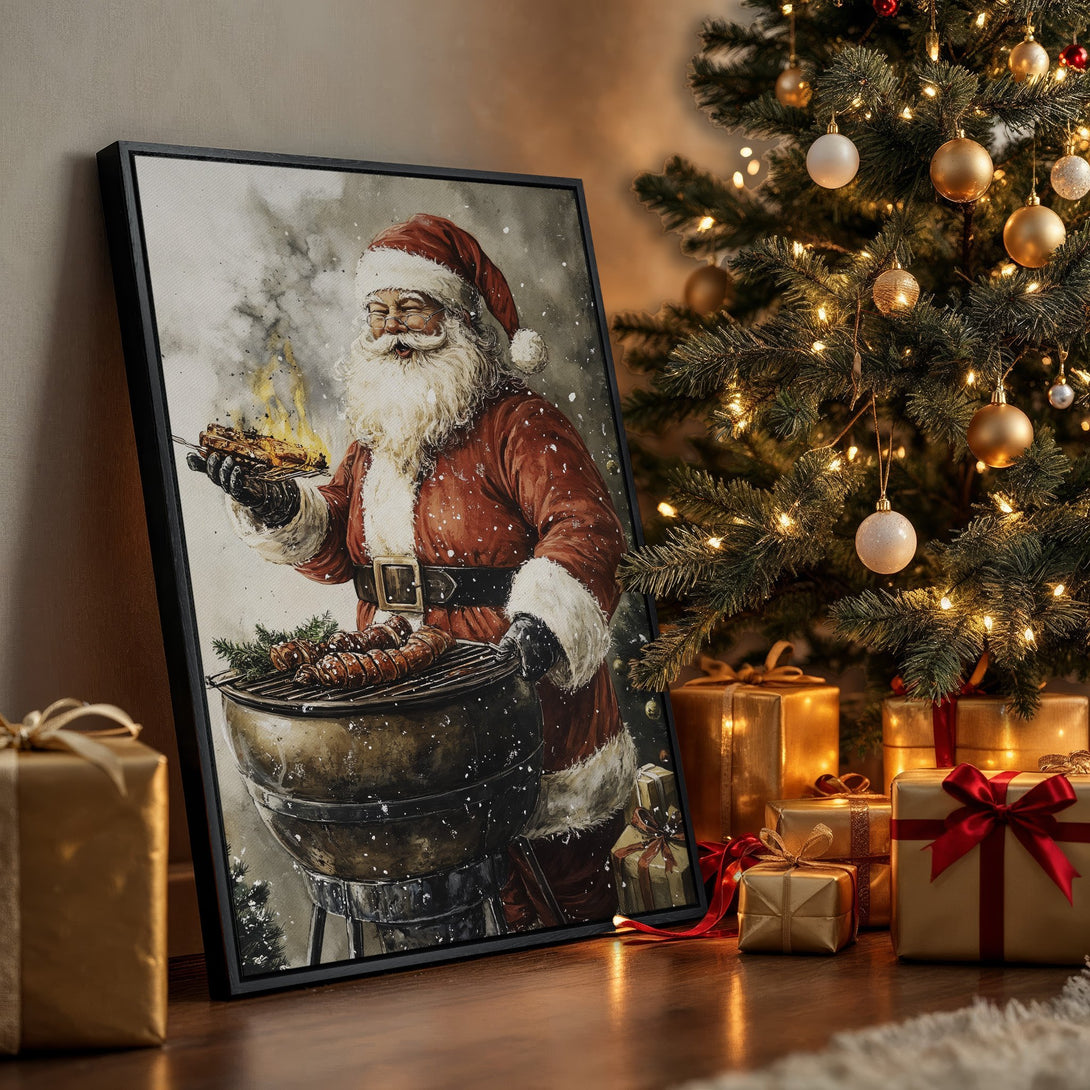 Framed Wall Art: Santa grilling on a watercolor style Canvas Print. Festive Christmas decor with warm red, gold, and brown tones. Perfect holiday gift!