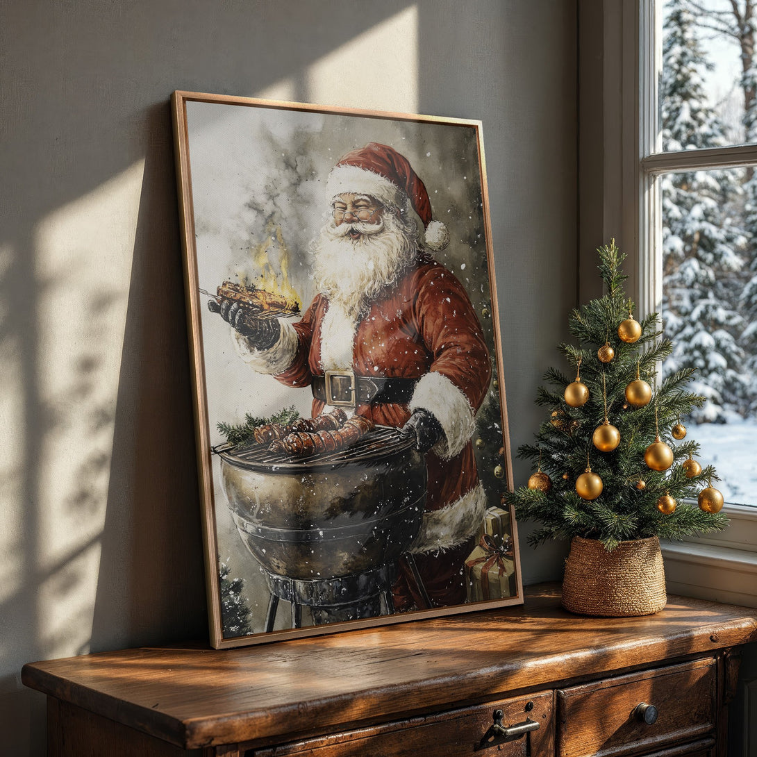 Framed Wall Art: Santa grilling, vintage style, warm red & gray tones. Perfect Christmas decor! Add festive cheer to your home with this unique canvas print.