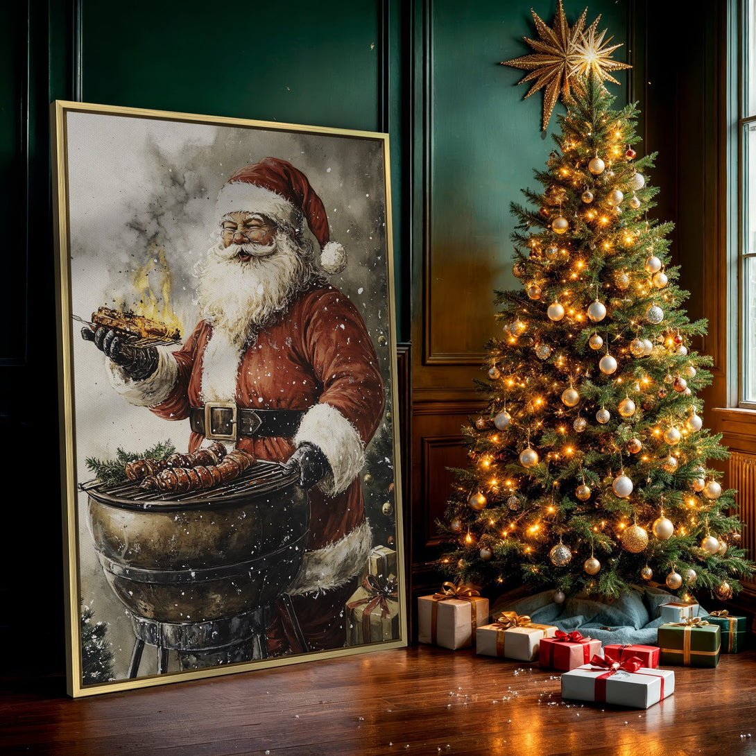 Canvas Print of Santa grilling, watercolor style, featuring a red and white color palette, perfect for Christmas decor.