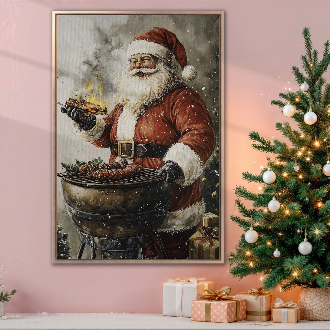 Framed Wall Art: Santa grilling! Watercolor style Canvas Print in warm reds, browns, and whites, perfect for Christmas decor. Festive and unique holiday art.