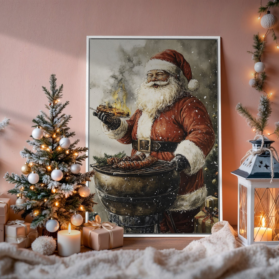 Framed Wall Art: Santa grilling! Festive watercolor style Canvas Print in red & neutral tones. Perfect Christmas decor for your home.