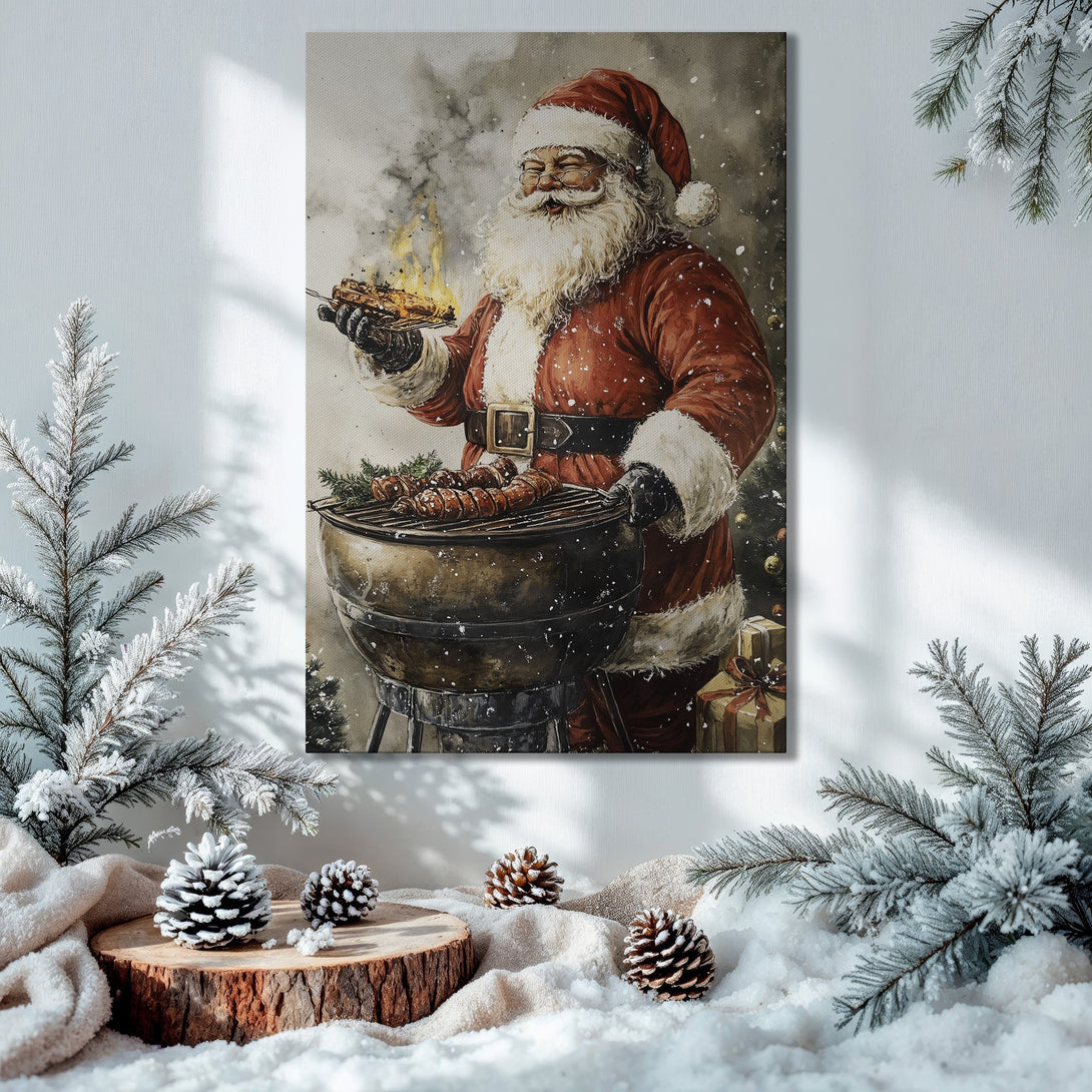 Framed Wall Art: Santa grilling. Watercolor style Canvas Print in warm reds & golds, perfect for Christmas decor. Festive & inviting!