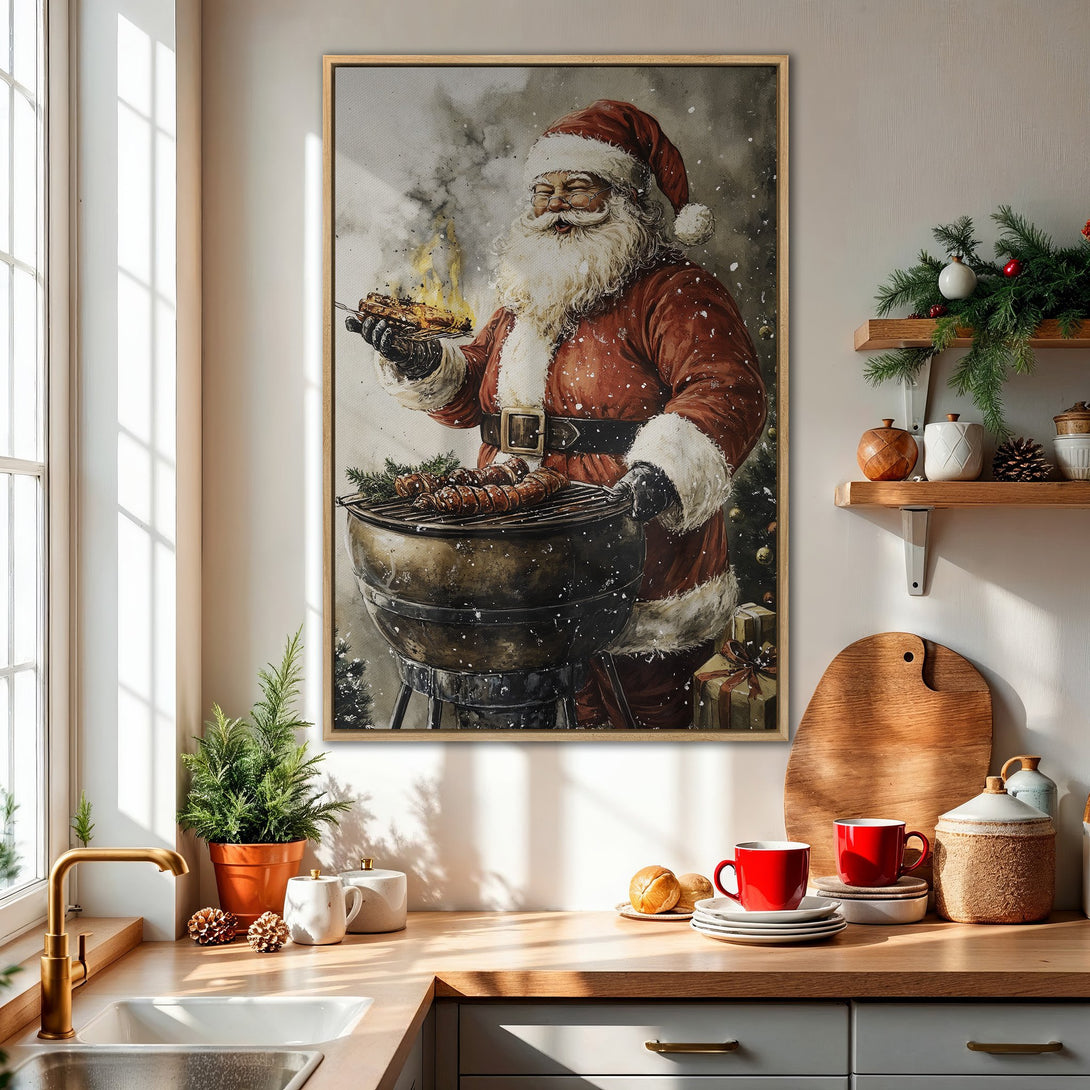 Framed Wall Art: Santa grilling! Festive artwork in red and neutral tones. Perfect Christmas decor for your kitchen or dining room. Shop now!