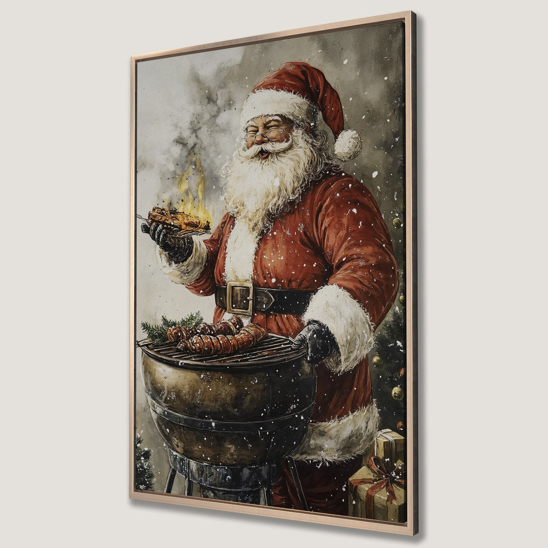 Framed Wall Art: Santa grilling! Watercolor style Canvas Print in red, white, and grey tones. Festive holiday art for your home.