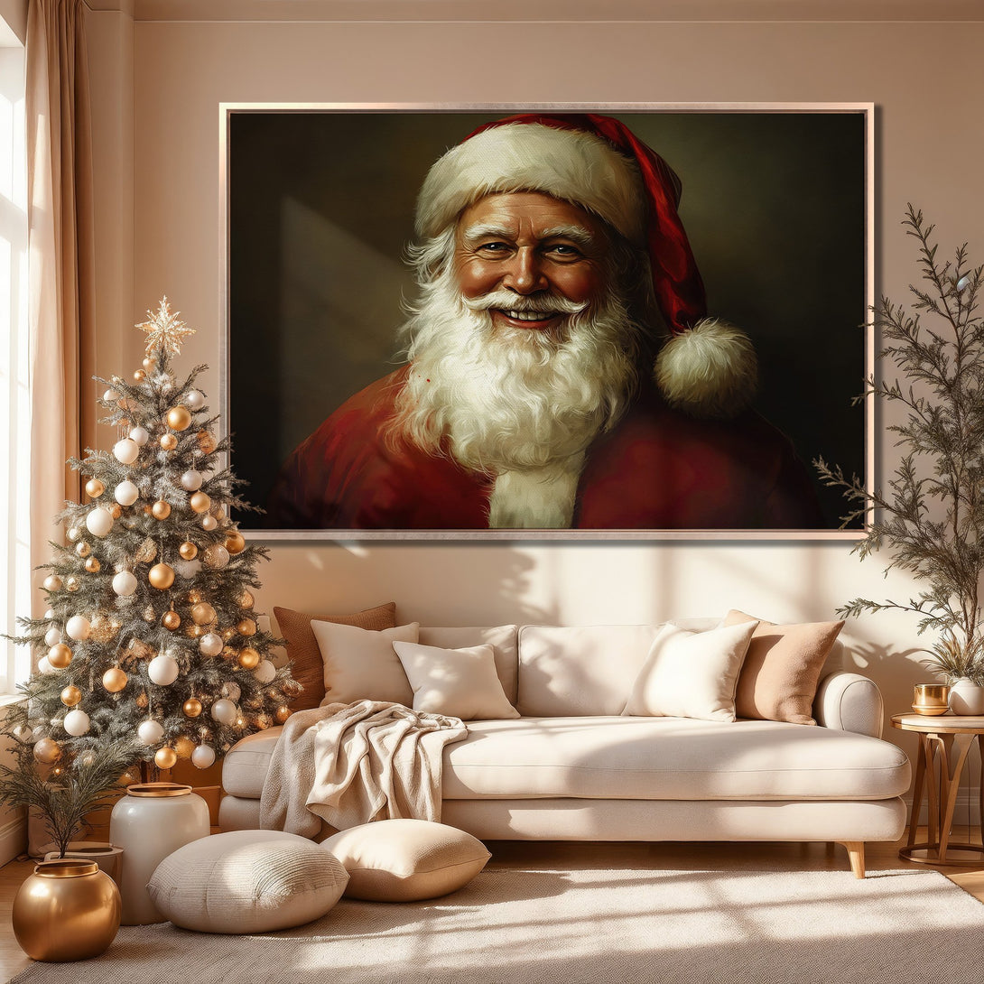 Framed Wall Art: Santa Claus portrait in a warm, inviting interior. Classic style with a red, white, and gold color palette, perfect for holiday decor.