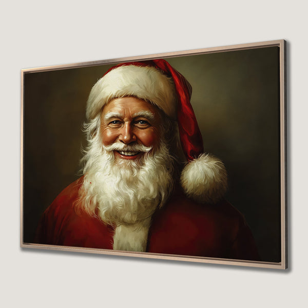 Framed Wall Art: Santa Claus portrait in classic style with red, white, and gold tones. Perfect Christmas decor for a festive touch.