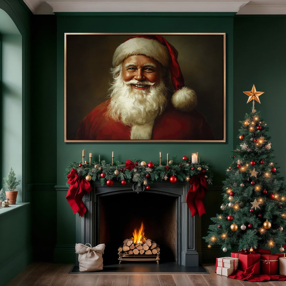 Framed Wall Art of Santa Claus, classic portrait style, in a festive interior with a green and red color palette. Perfect Christmas decor!