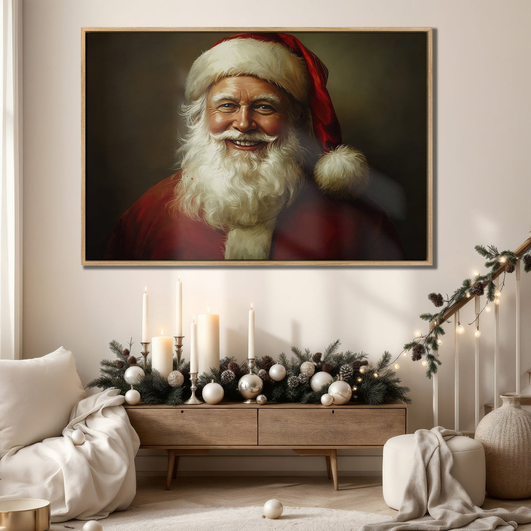 Framed Wall Art featuring Santa Claus portrait in warm red & beige tones. Classic Christmas decor, perfect for holiday home styling.