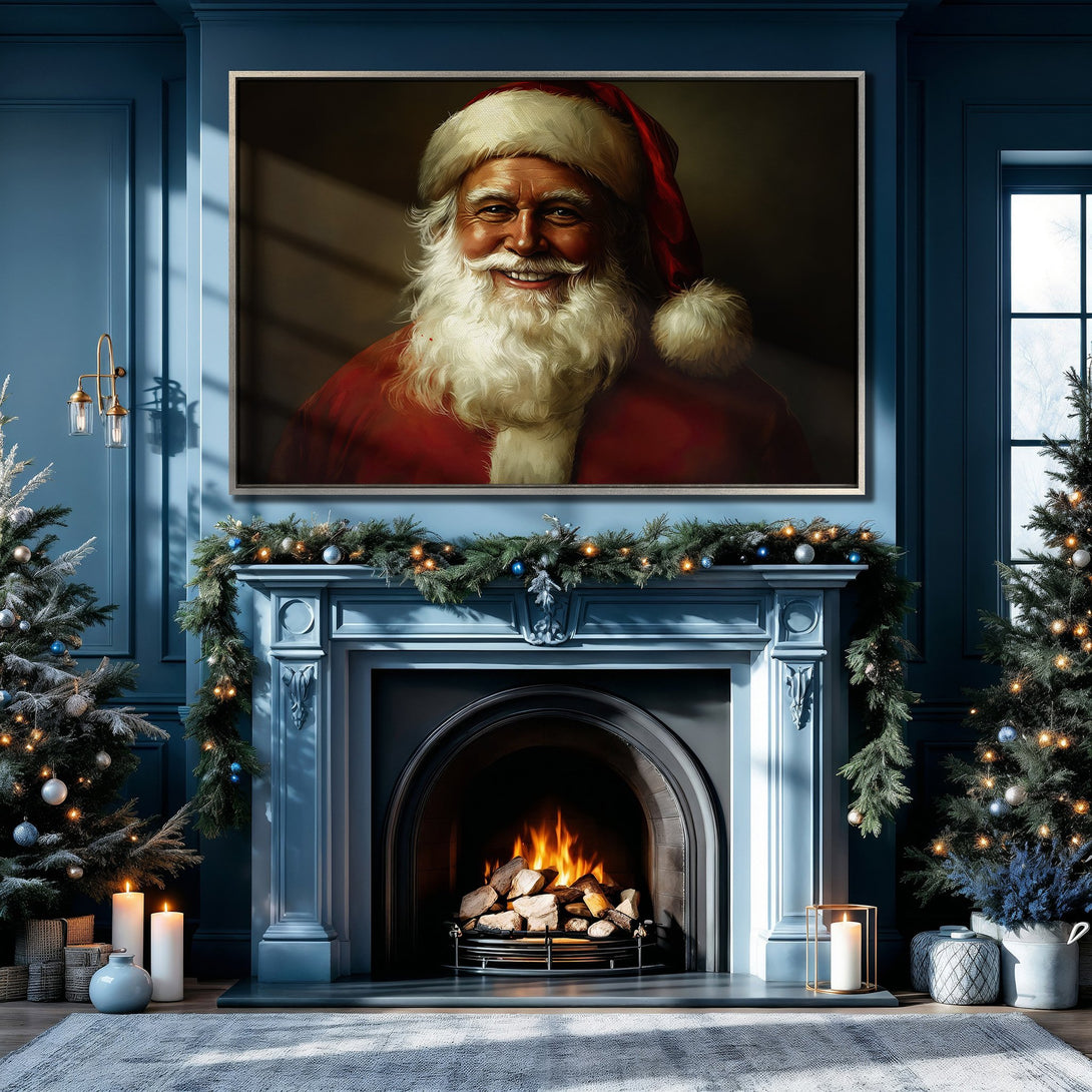 Framed Wall Art featuring Santa Claus portrait in a cozy Christmas interior. Classic style, rich red and blue color palette. Perfect holiday decor!