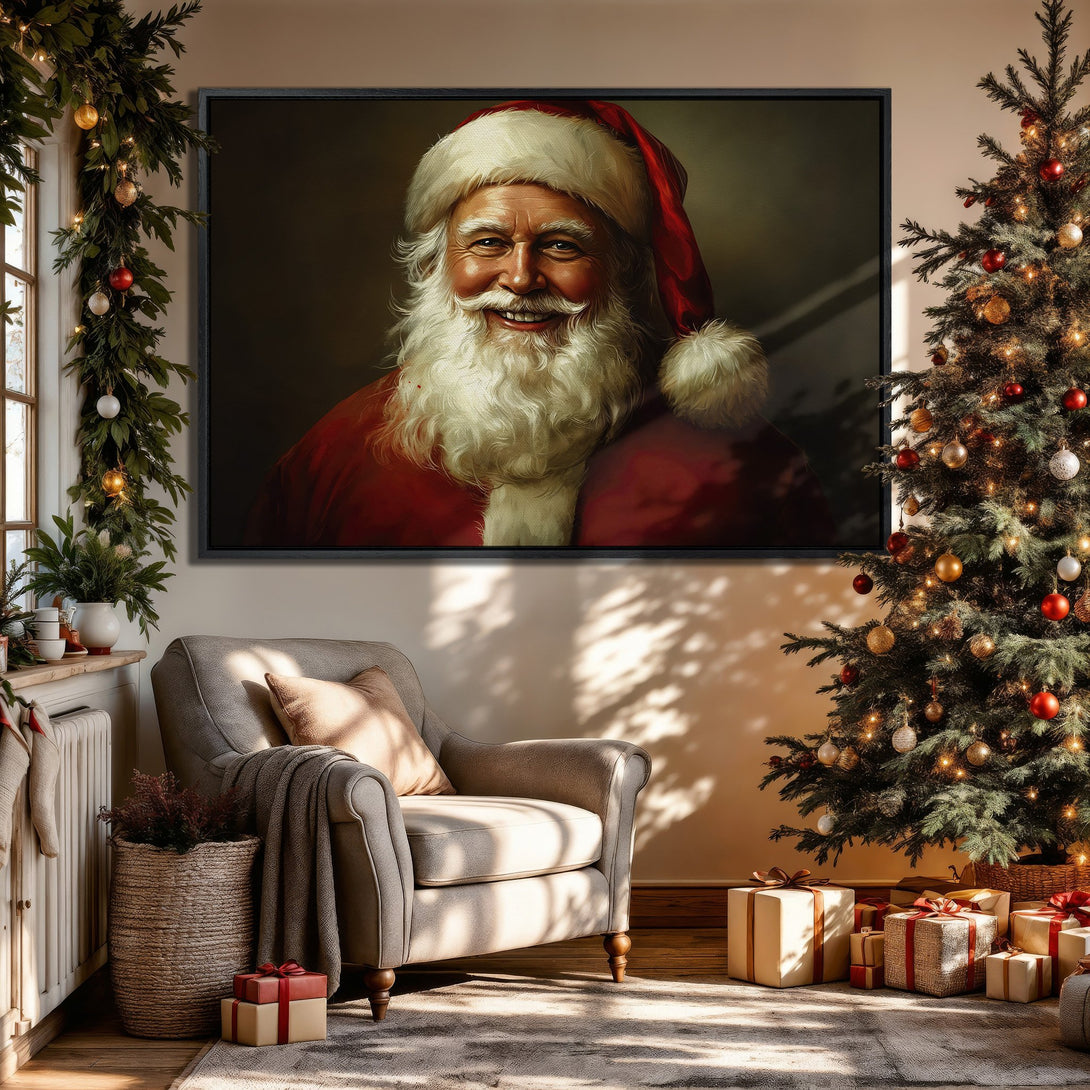 Framed Wall Art of Santa Claus in a cozy interior. Warm, inviting color palette with red, gold, and cream tones. Perfect Christmas decor!