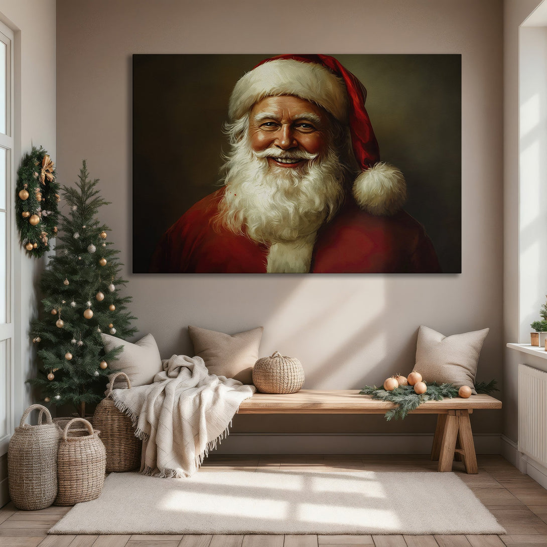 Framed Wall Art featuring Santa Claus portrait in a warm, inviting interior. Classic style with red, white, and gold color palette. Perfect Christmas decor!