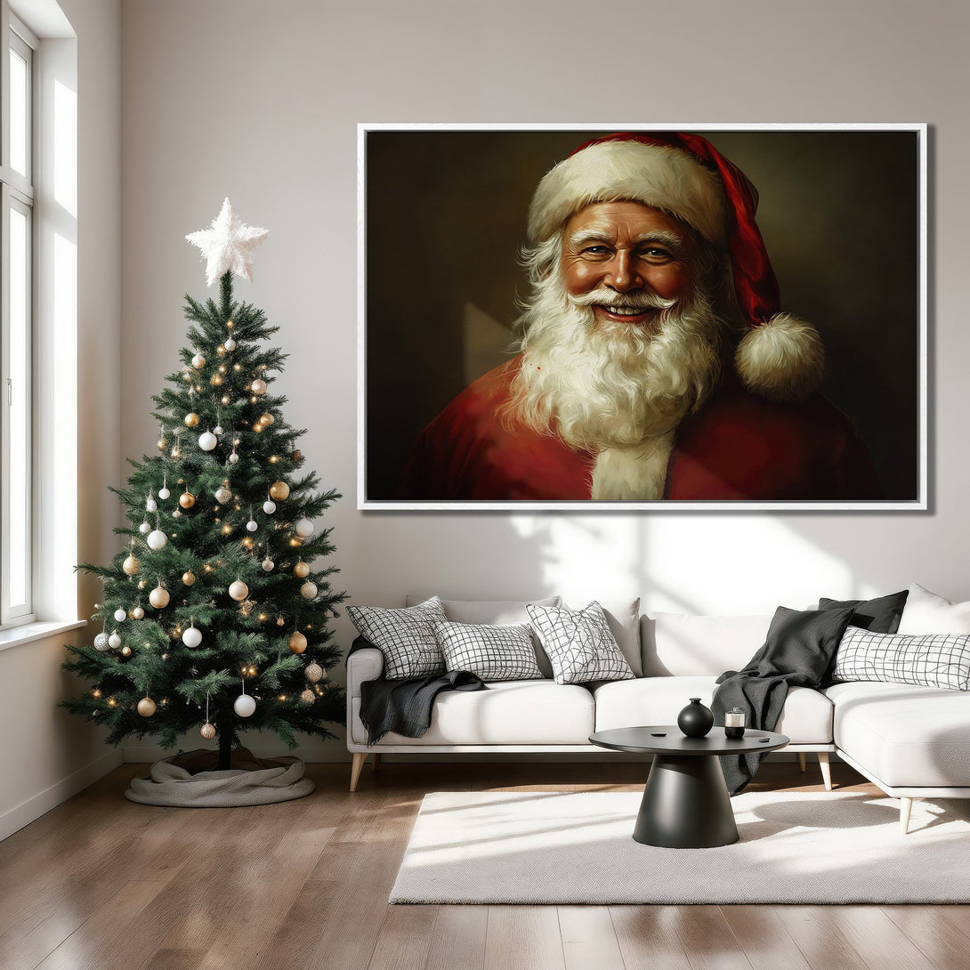 Framed Wall Art: Classic Santa Claus portrait in a cozy living room setting. Warm red, white, and neutral tones create a festive, inviting atmosphere. Perfect Christmas decor!