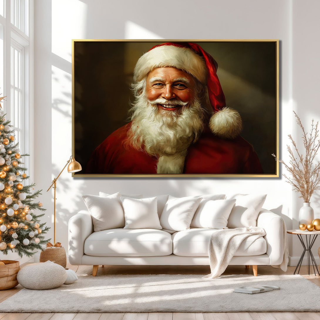 Canvas Print of Santa Claus portrait in a warm, inviting interior. Rich red, white, and neutral tones create a cozy Christmas vibe. Perfect holiday wall art!