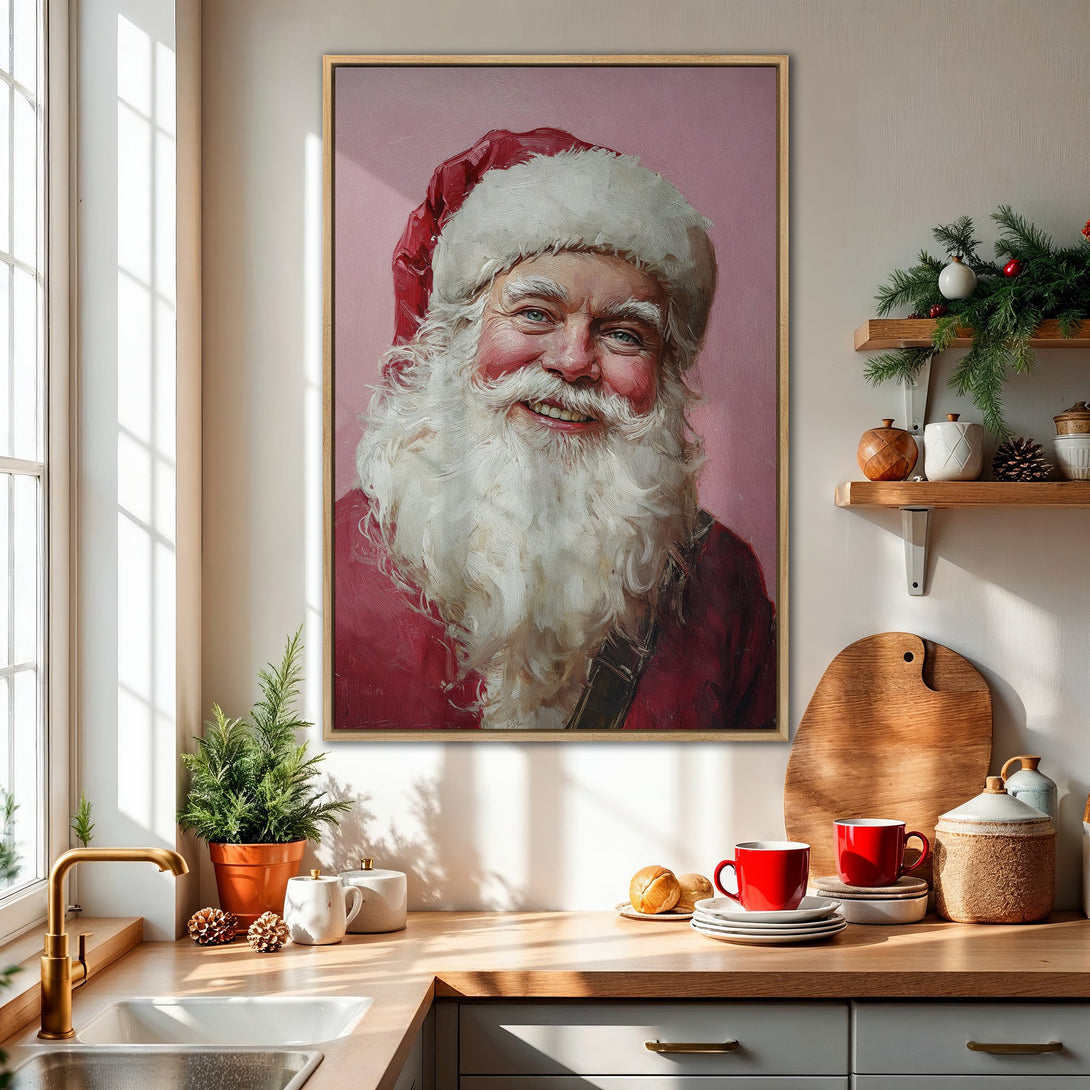 Framed Wall Art: Smiling Santa Claus portrait in a warm red and pink palette. Perfect Christmas decor for a cozy kitchen. Shop our festive Canvas Prints!