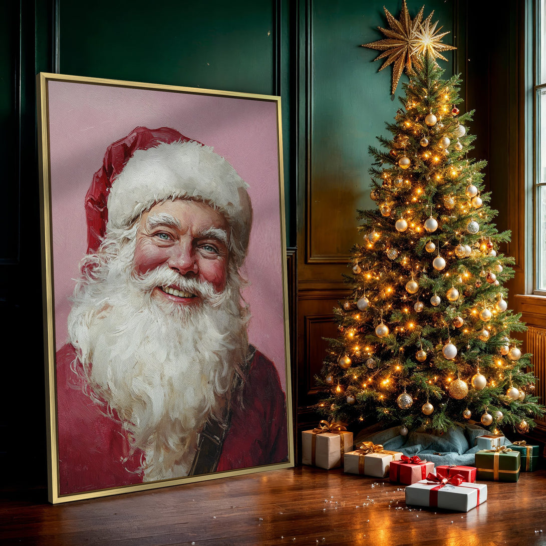 Canvas Print of Santa Claus portrait, warm red and pink color palette, festive art for Christmas decor.