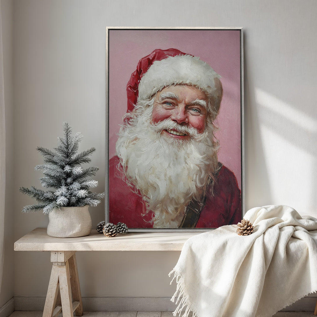Framed Wall Art: Portrait of Santa Claus in a classic style, featuring red, white, and pink tones. Perfect Christmas decor for a cozy home!