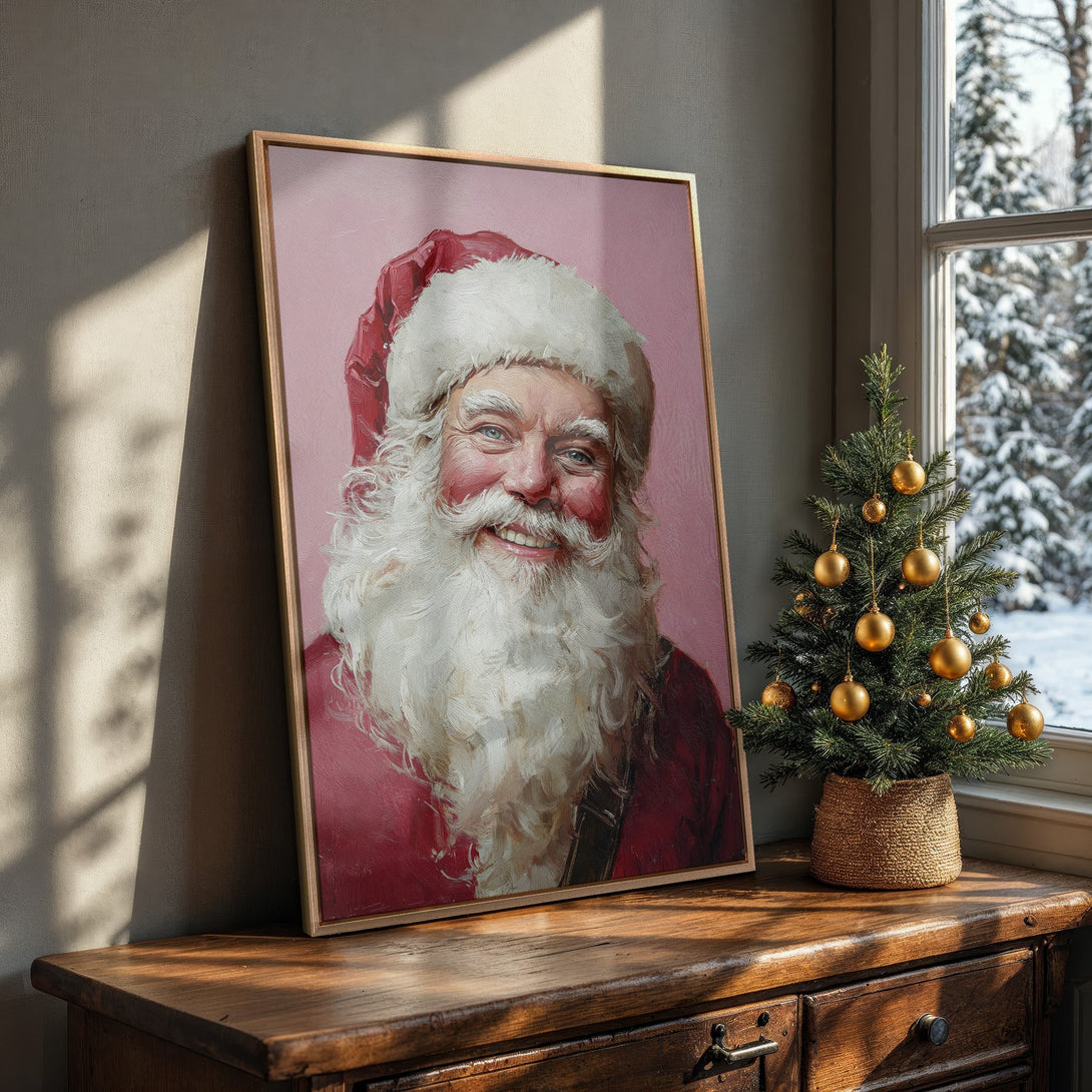 Framed Wall Art featuring Santa Claus portrait in a warm, inviting style. Pink and red color palette, perfect Christmas decor for your home.