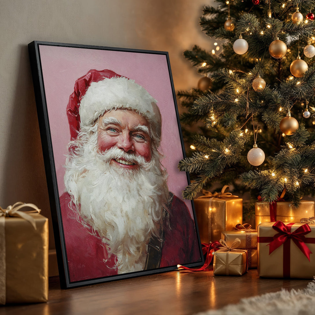 Framed Wall Art of Santa Claus in a classic oil painting style, warm red and pink tones. Perfect Christmas decor!