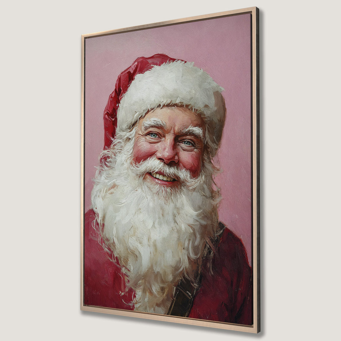 Framed Wall Art featuring a smiling Santa Claus portrait in a painterly style, with a red and pink color palette. Perfect Christmas decor!