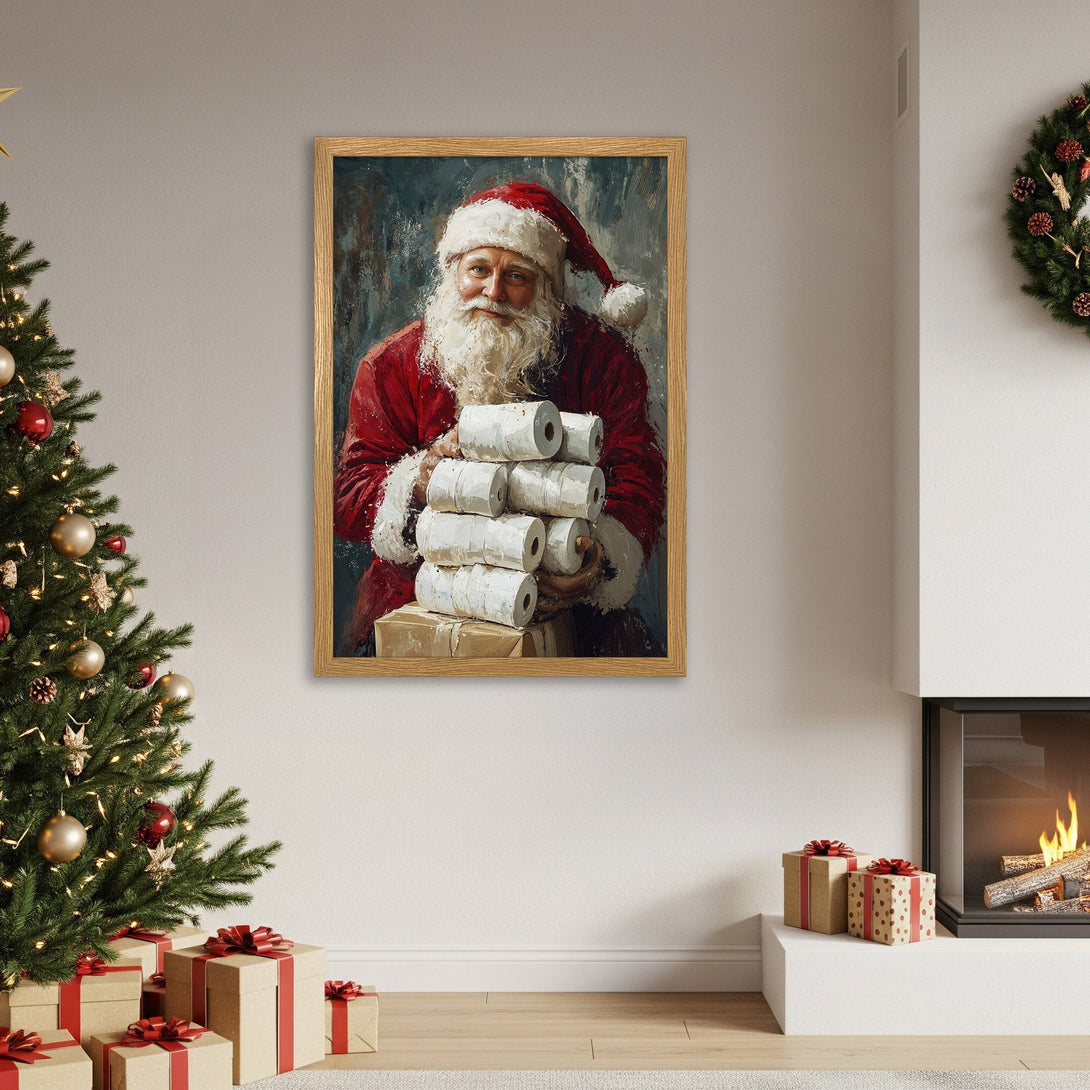 Framed Poster featuring Santa Claus in a painterly style, red and blue tones. Perfect Christmas decor!