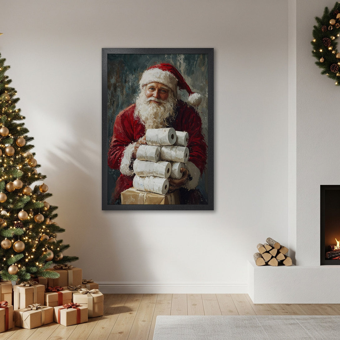 Framed Poster featuring Santa Claus with a red and white color palette, perfect for Christmas decor.