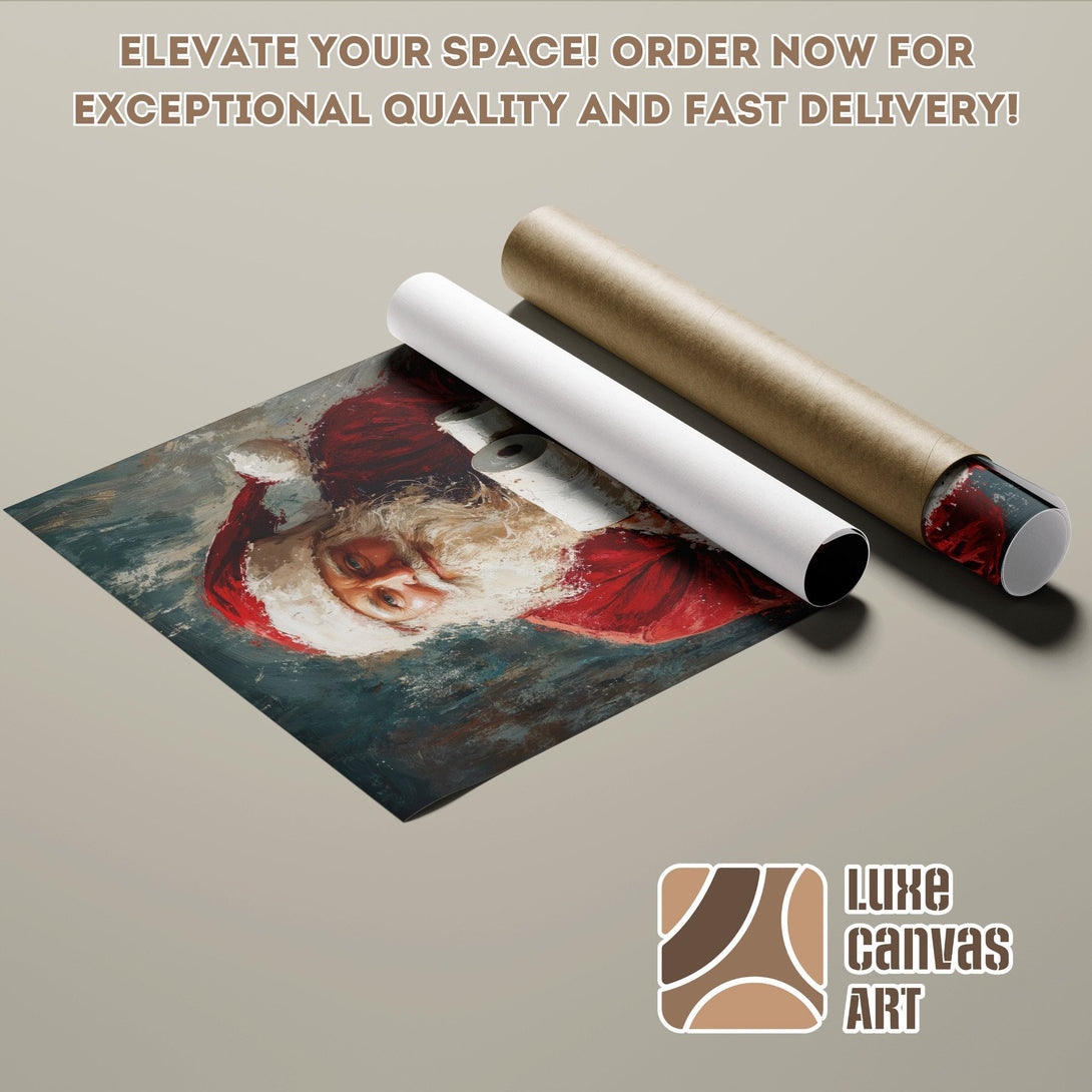 Santa Claus art poster roll in blue, red, and white color palette. Order now!