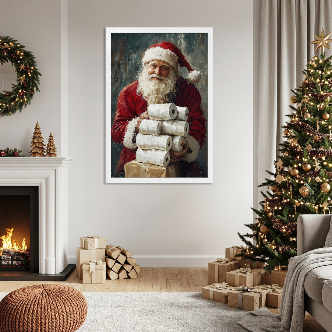 Framed Poster featuring Santa Claus with toilet paper, painted style, red and neutral tones, perfect Christmas decor.