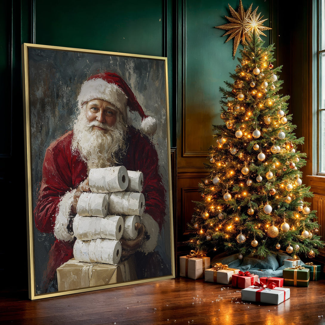 Canvas Print of Santa Claus holding toilet paper, oil painting style, red and white palette, perfect Christmas wall art.