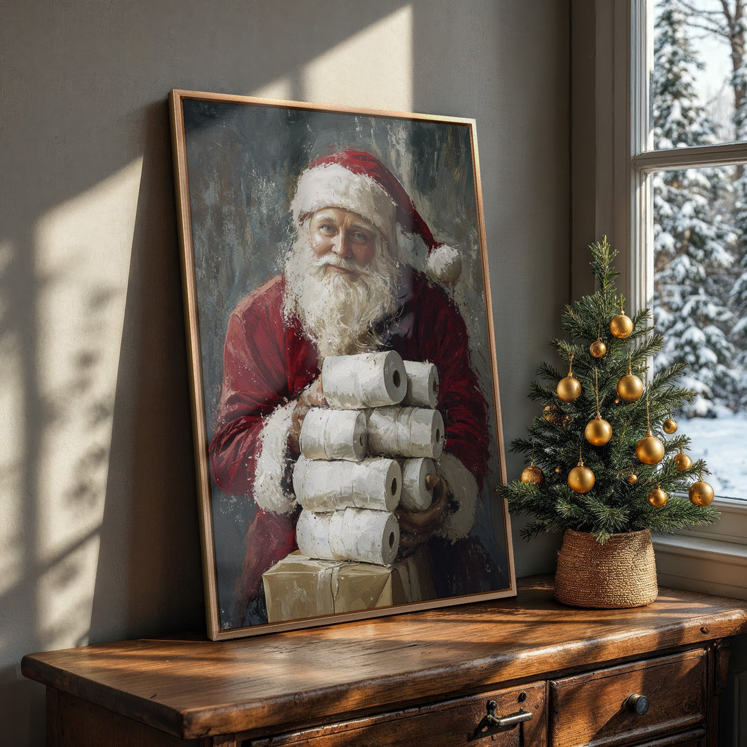 Framed Wall Art: Santa Claus oil painting in a cozy interior, rich red and neutral tones. Perfect holiday decor!