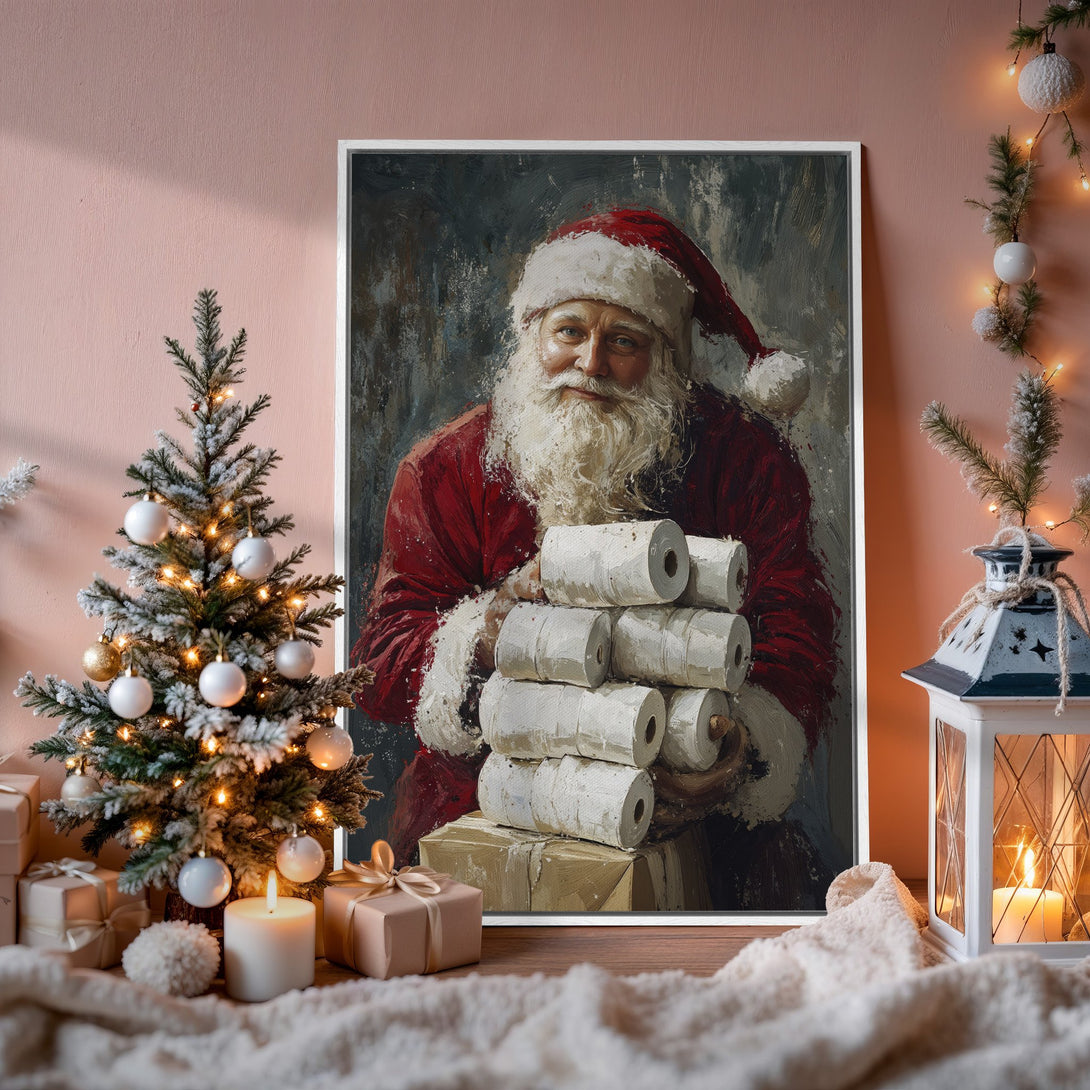 Framed Wall Art: Santa Claus portrait in warm red & gray tones, perfect for Christmas decor. Impressionistic style Canvas Print adds festive charm to any room.