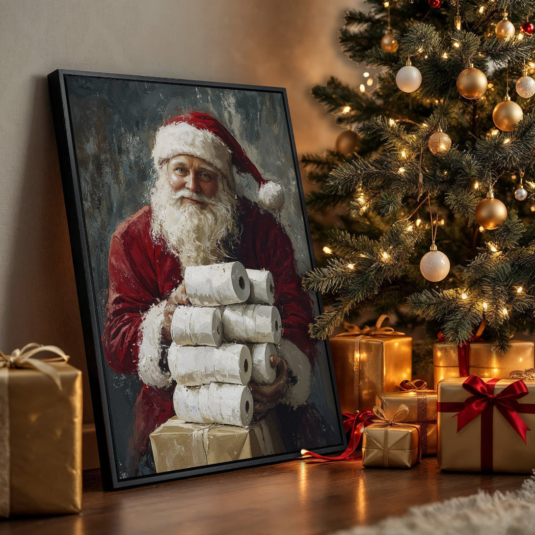 Framed Wall Art: Santa Claus portrait in red & white, oil painting style. Festive Christmas decor with warm gold, red, and neutral tones. Perfect holiday gift!