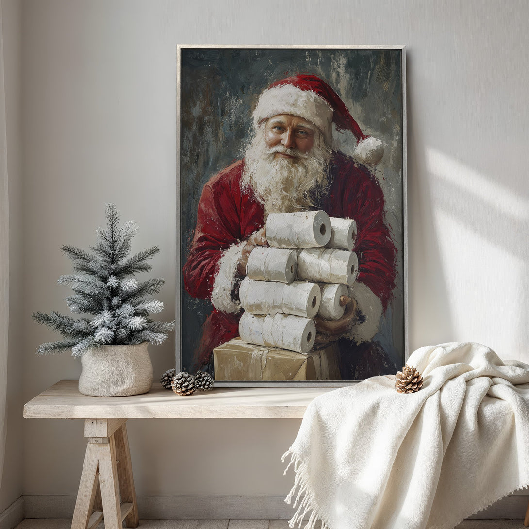 Framed Wall Art: Santa Claus painting in red & white, vintage style. Perfect Christmas decor for your home! Neutral color palette.