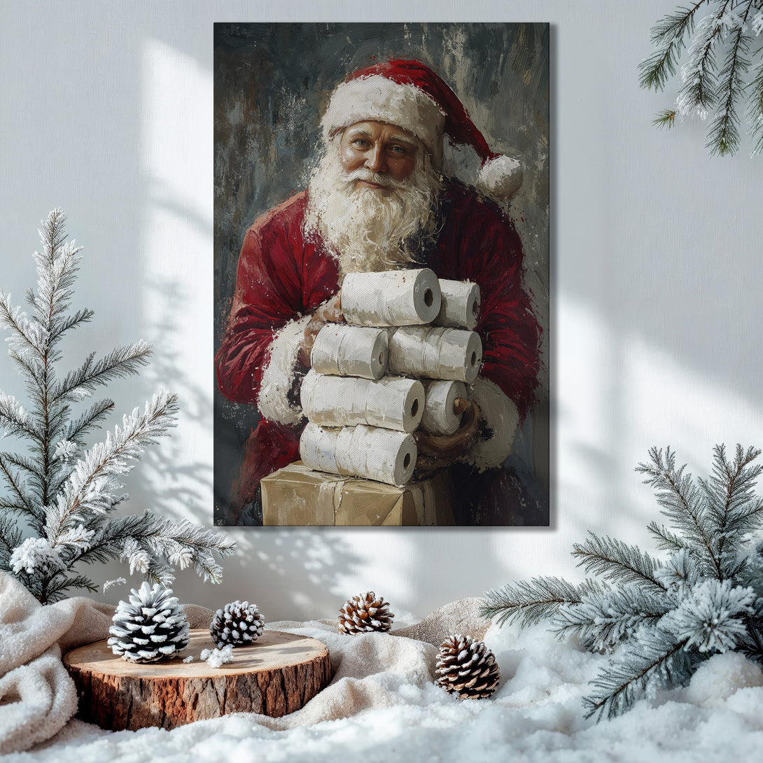 Framed Wall Art: Santa Claus portrait in a festive interior. Impressionistic style, rich red and green color palette, perfect for Christmas decor.