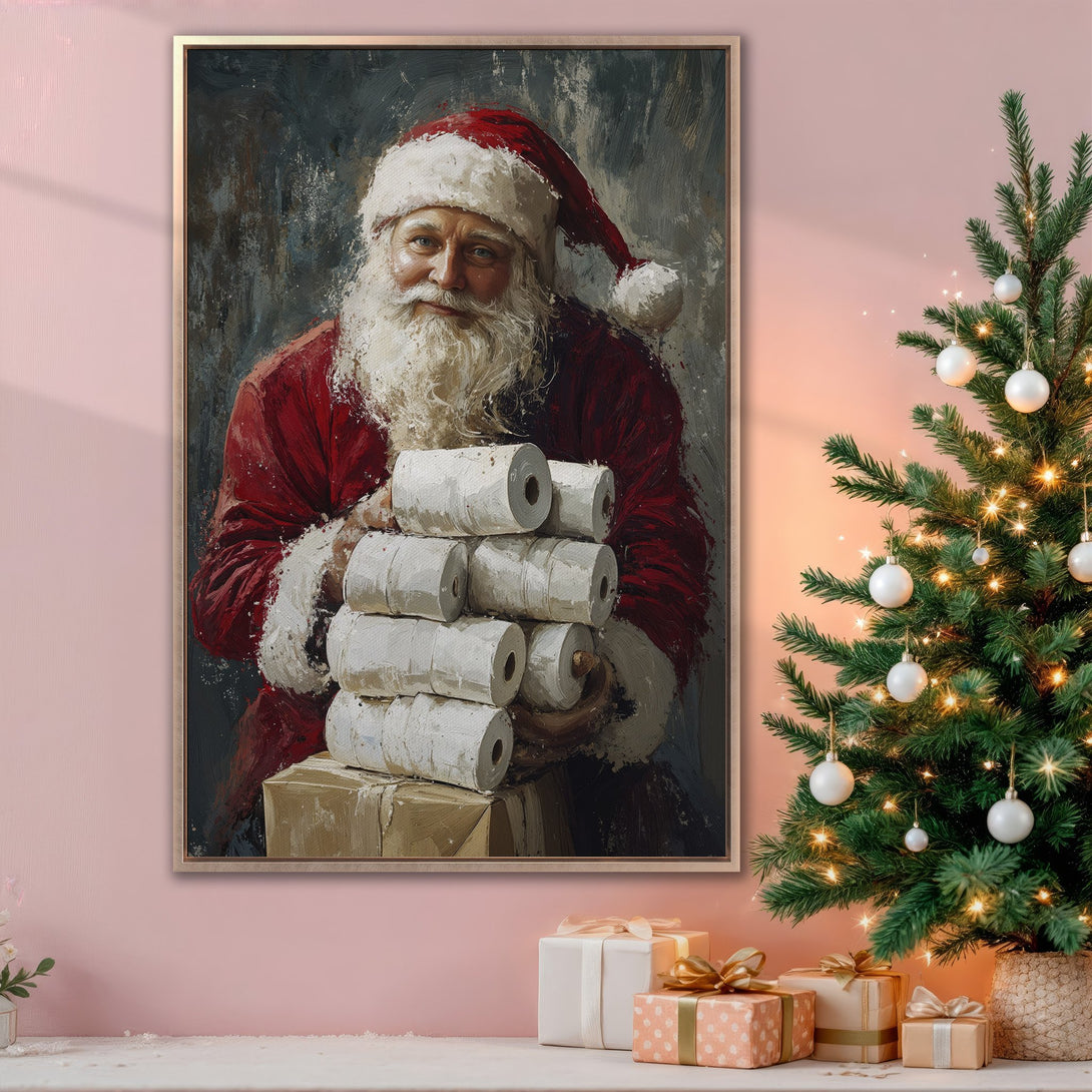 Framed Wall Art: Santa Claus oil painting with a humorous twist, holding toilet paper. Festive red, white, and neutral tones. Perfect Christmas decor!