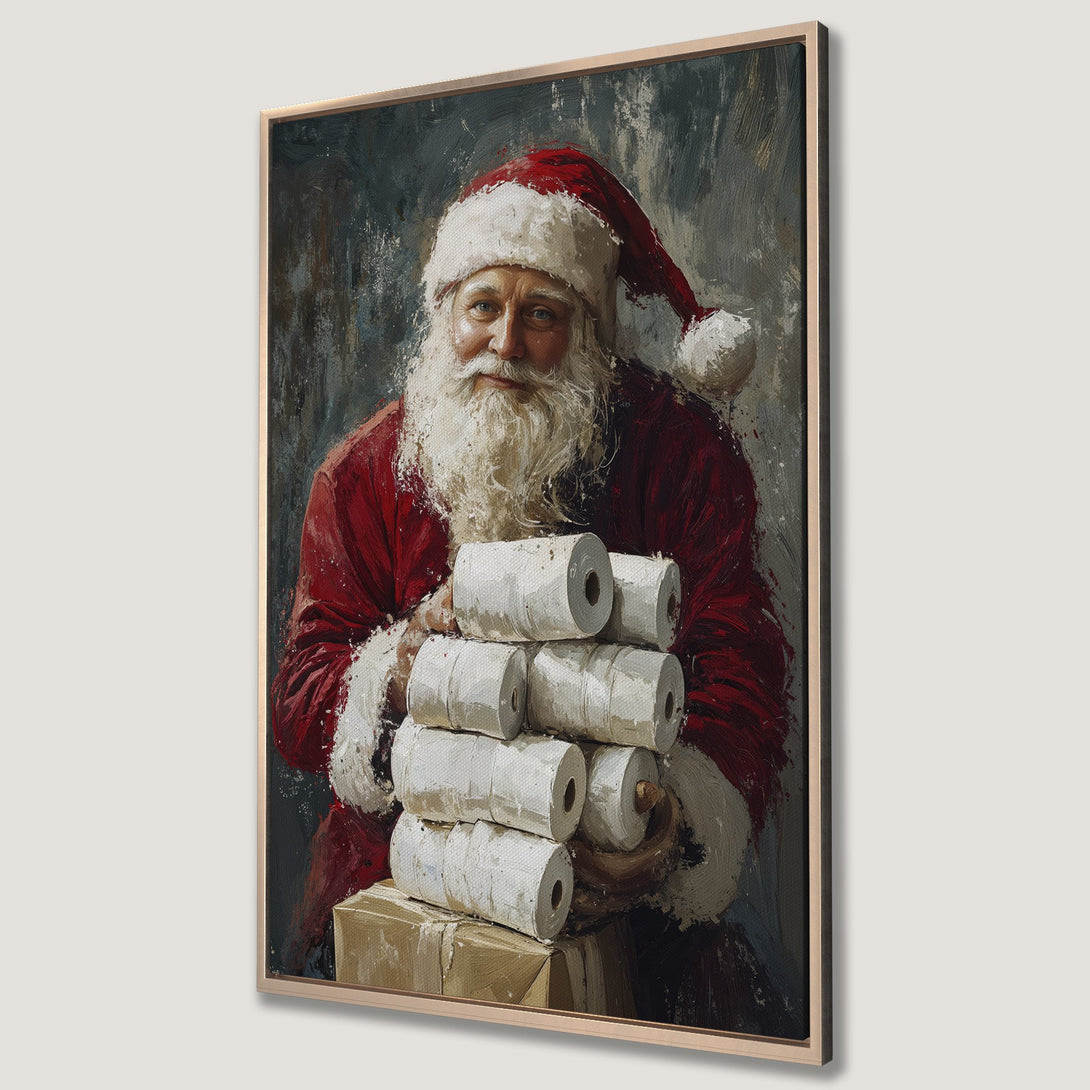 Framed Wall Art featuring Santa Claus holding toilet paper. Oil painting style with a festive red, white, and blue color palette. Perfect Christmas decor!