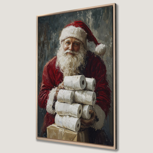 Framed Wall Art featuring Santa Claus holding toilet paper. Oil painting style with a festive red, white, and blue color palette. Perfect Christmas decor!