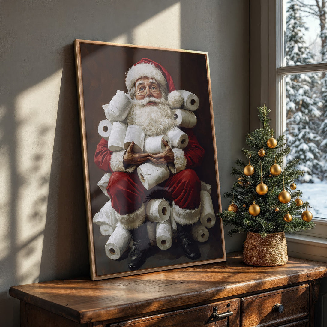 Framed Wall Art: Funny Santa Claus portrait in a classic style, with a red, white, and brown color palette. Perfect Christmas decor!