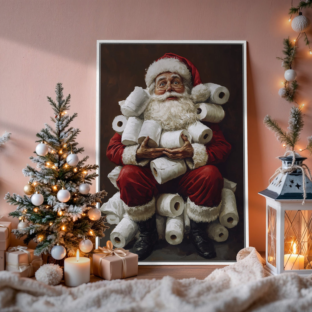 Framed Wall Art: Santa Claus with toilet paper, humorous Christmas decor. Rich red, white, and brown palette. Festive and unique holiday art for any room!