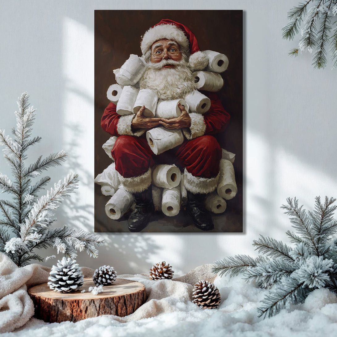 Framed Wall Art: Santa Claus with toilet paper, oil painting style. Festive holiday decor in red, gold, and green color palette. Perfect Christmas gift!