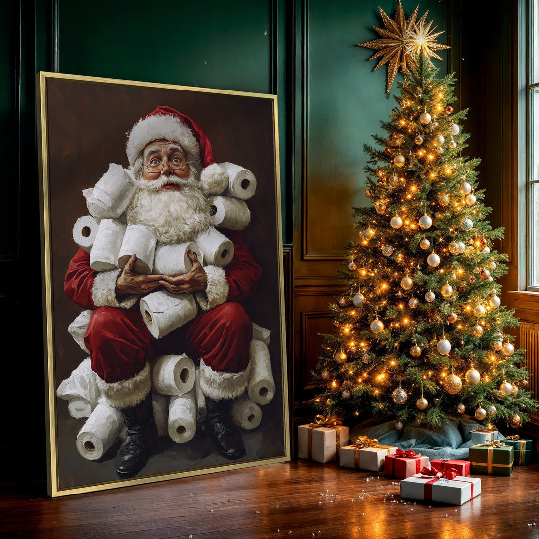 Canvas Print featuring Santa Claus surrounded by toilet paper, a humorous and festive artwork in a warm, red and white palette.