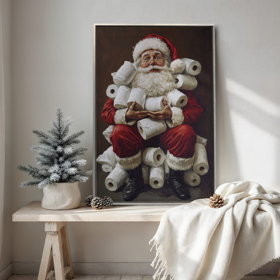 Framed Wall Art featuring Santa Claus with toilet paper. Humorous oil painting style in red, white, and brown tones. Perfect Christmas decor!
