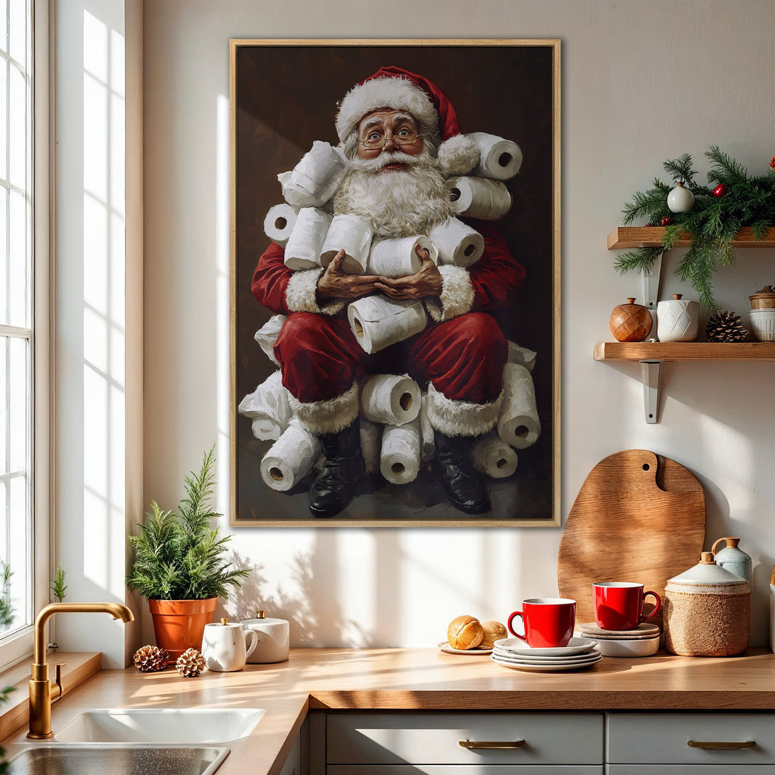 Framed Wall Art: Humorous Santa Claus print in red & white.  Modern oil painting style.  Perfect for holiday decor & adding a funny touch to your home.
