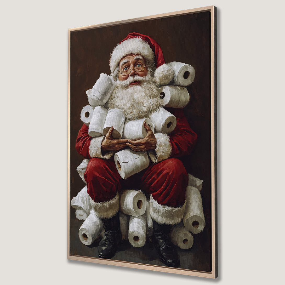 Framed Wall Art of Santa Claus with toilet paper. Humorous, oil painting style artwork in red, white, and brown tones. Perfect Christmas decor.