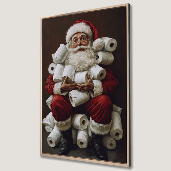 Framed Wall Art of Santa Claus with toilet paper. Humorous, oil painting style artwork in red, white, and brown tones. Perfect Christmas decor.