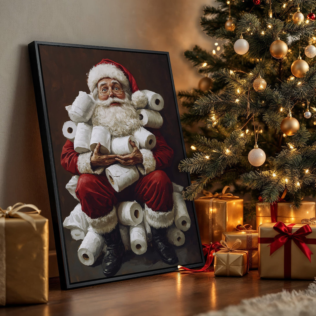 Framed Wall Art: Santa Claus with toilet paper, humorous Christmas decor. Red, white, and gold color palette. Perfect holiday gift.