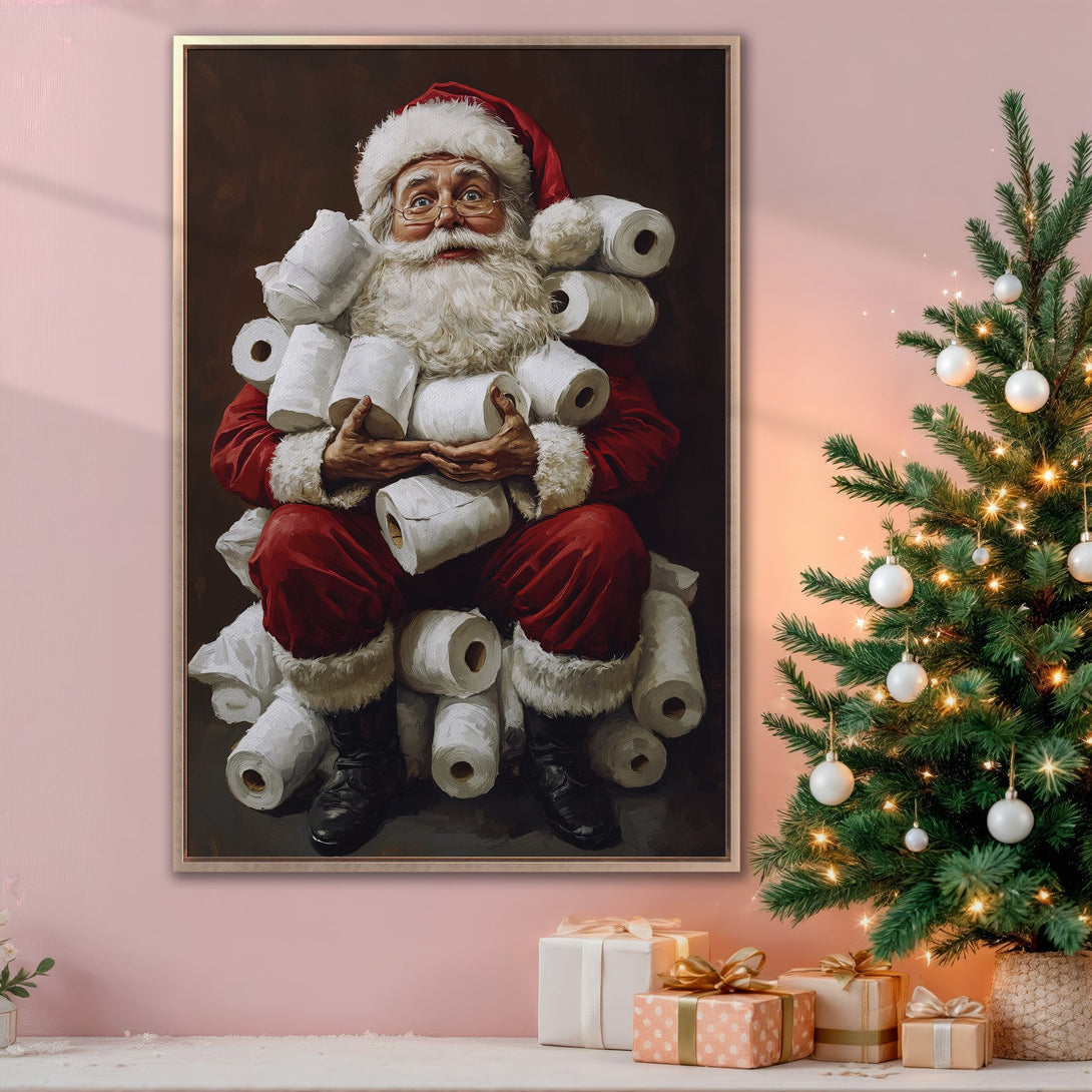 Framed Wall Art: Santa Claus with toilet paper, oil painting style, red and white, displayed in a festive interior with Christmas tree and gifts.