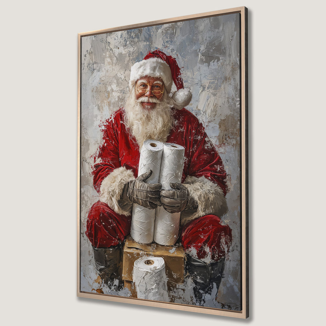 Framed Wall Art featuring Santa Claus holding toilet paper, a humorous oil painting with a red, white, and gray color palette. Perfect holiday decor.