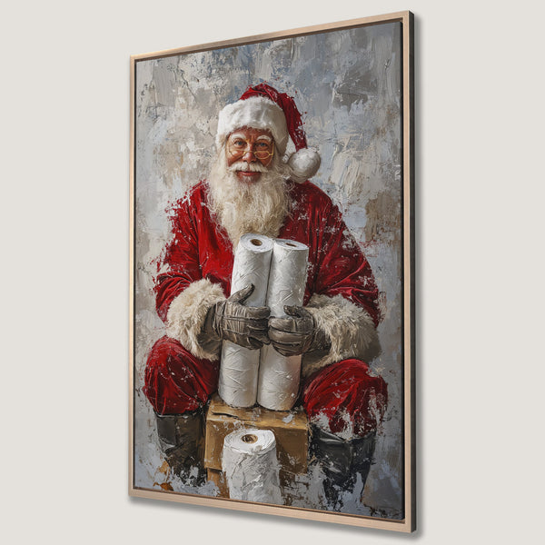 Framed Wall Art featuring Santa Claus holding toilet paper, a humorous oil painting with a red, white, and gray color palette. Perfect holiday decor.