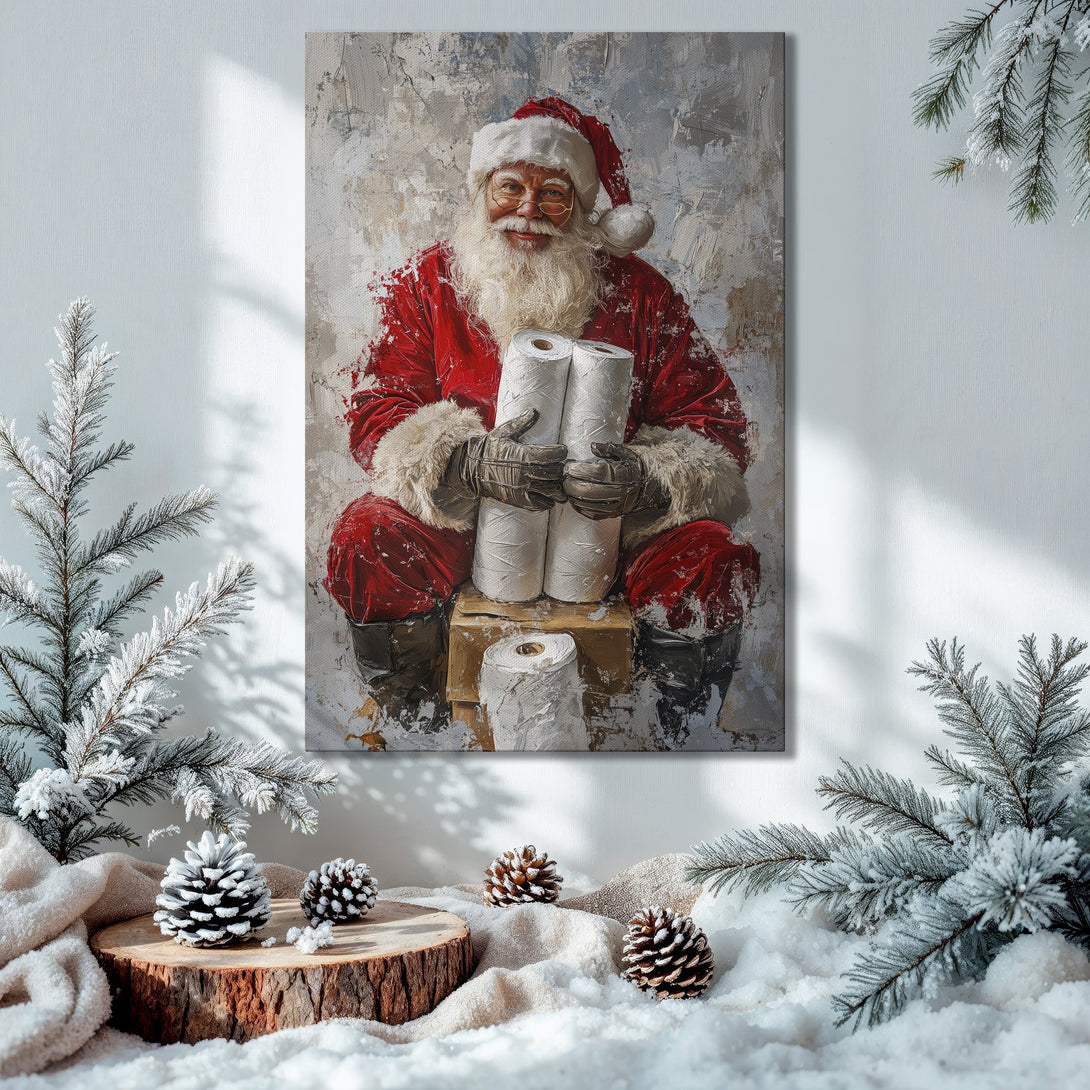 Framed Wall Art: Santa Claus holding toilet paper, oil painting style with red, white, and gold color palette. Perfect Christmas decor.